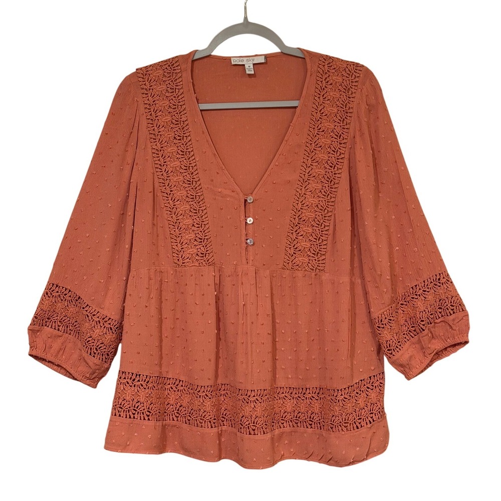Pale Sky Womens Blouse Orange Medium Swiss Dot Crochet Lace Boho‎ Babydoll